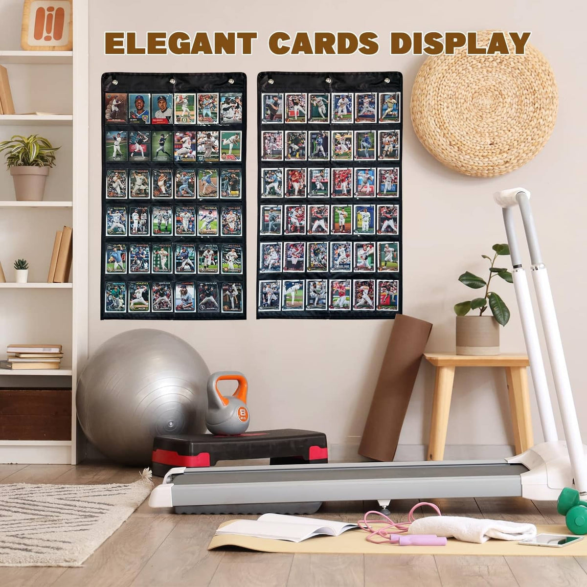 2 black baseball card hanging display bags with multiple card rows