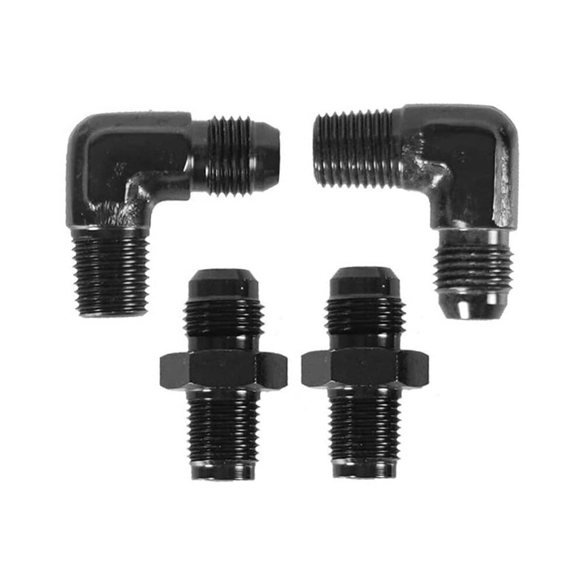 Set of threaded transmission cooler hose adapters with L-shaped metal fittings