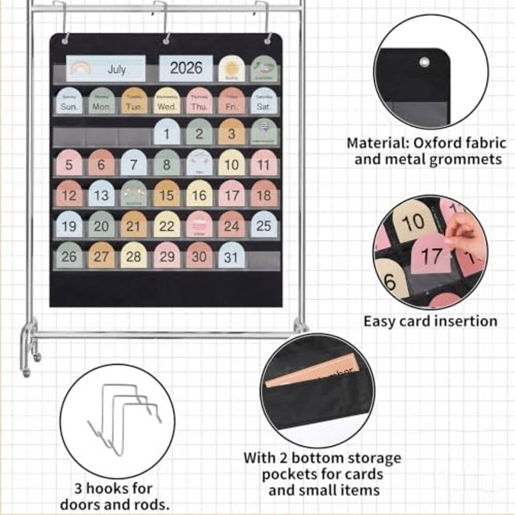 Black oxford fabric calendar pocket chart with metal grommets, hooks, and easy card insertion
