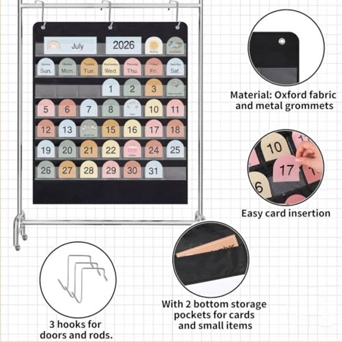 Black oxford fabric calendar pocket chart with metal grommets, hooks, and easy card insertion