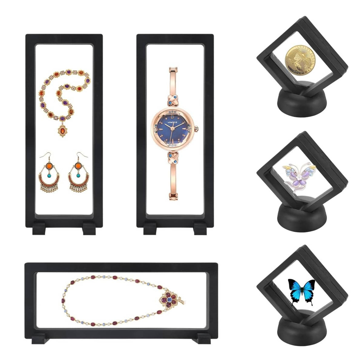 Set of black 3D floating display cases with clear window, holding jewelry and collectibles