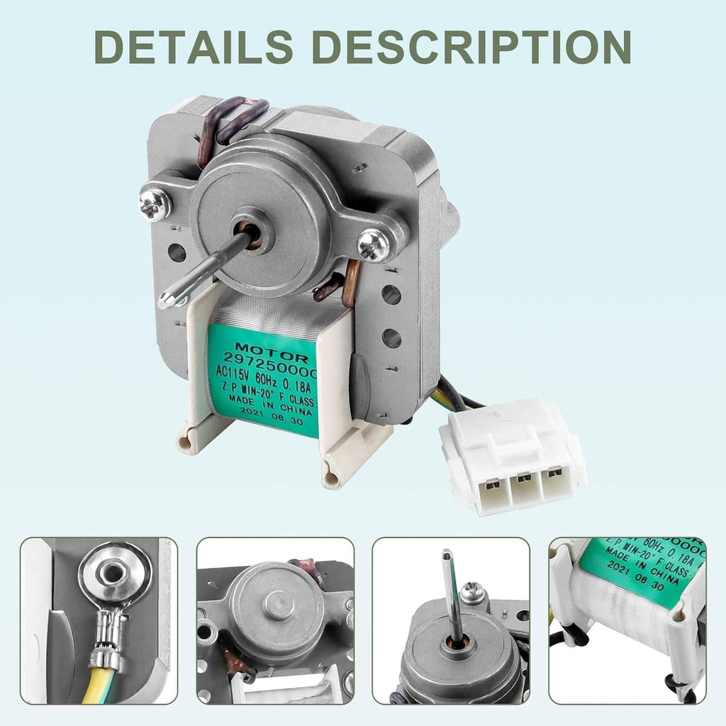 Evaporator fan motor assembly with mounting screws, label, and white electrical plug