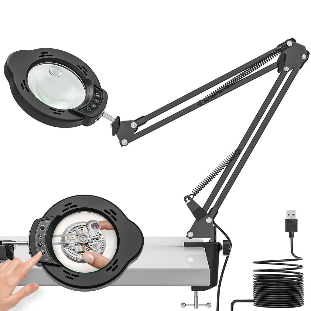 Black desk magnifier lamp with clamp and articulated swing arm