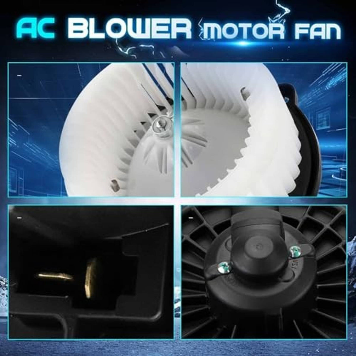 AC blower motor fan close-up views of white impeller and black housing