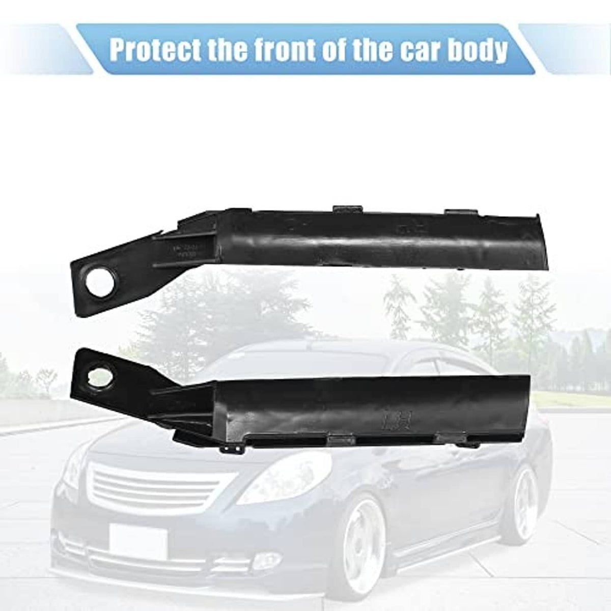Front bumper support bracket pair, black plastic with forked mounting ends