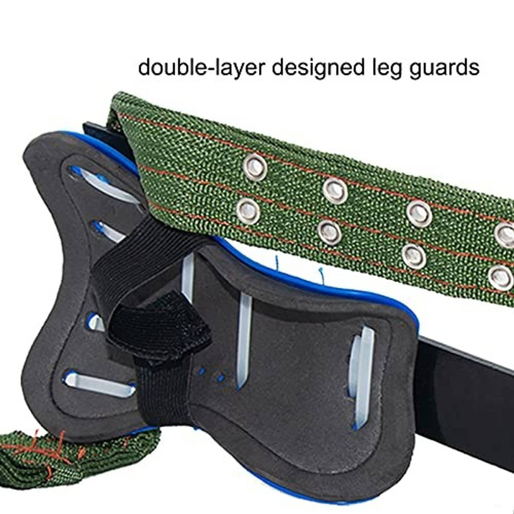 Double-layer leg guard pads with green strap and silver rivets on climbing spikes
