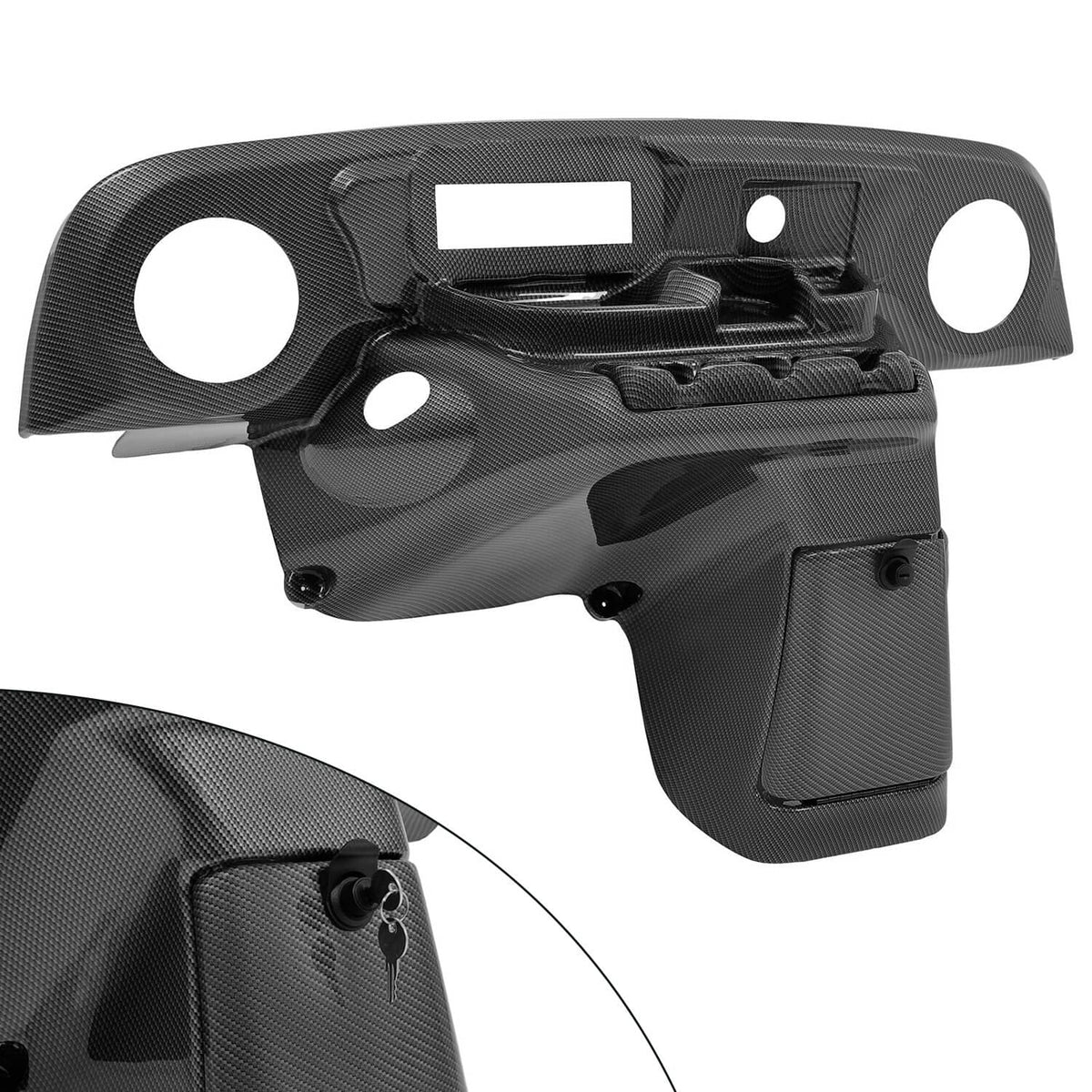 Carbon-fiber style dash panel with radio speaker cutout and storage pocket