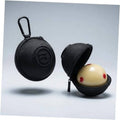 Black hard-shell clip-on cue ball case with zipper; cue ball visible inside holder