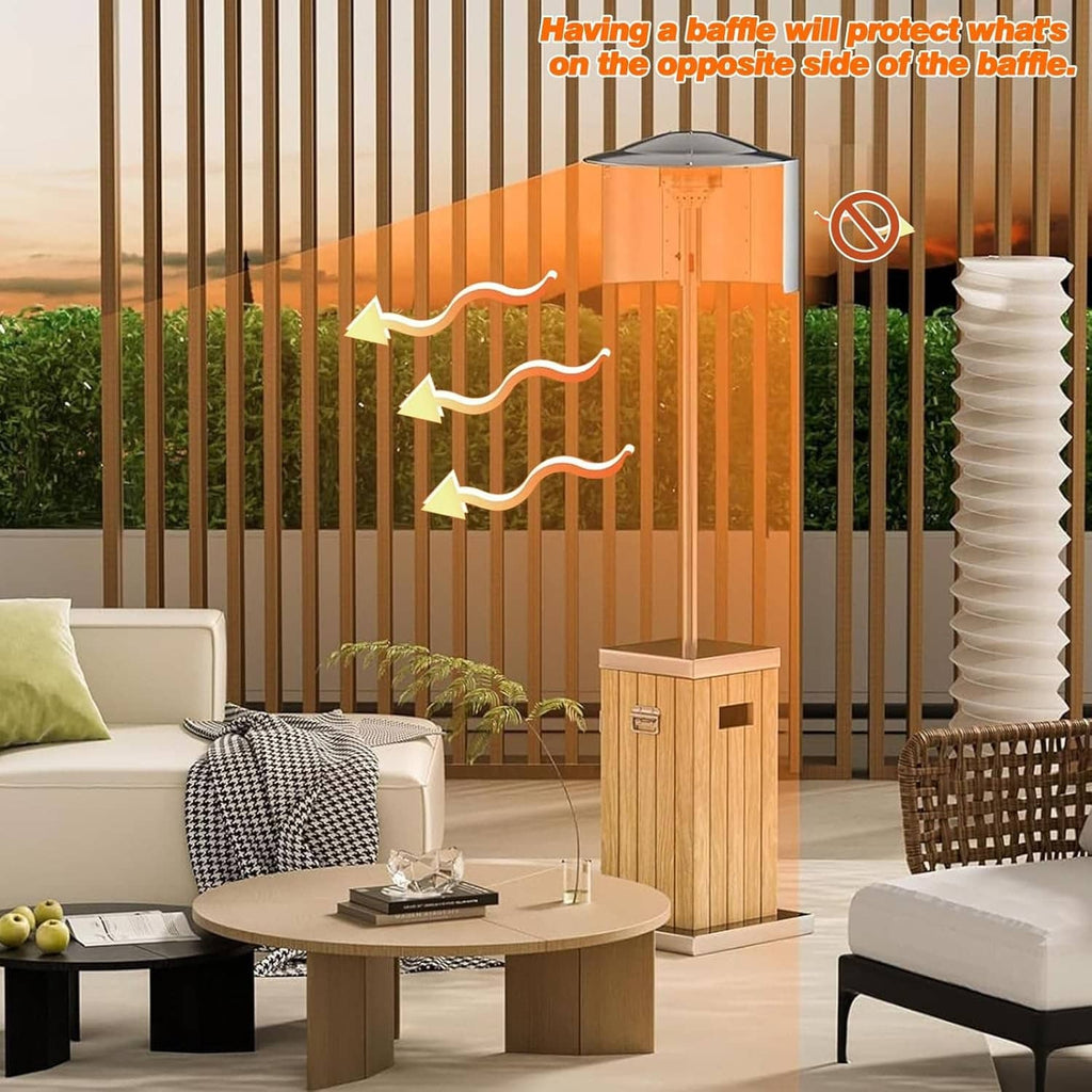 Outdoor patio heater reflector shield with adjustable flap deflecting heat