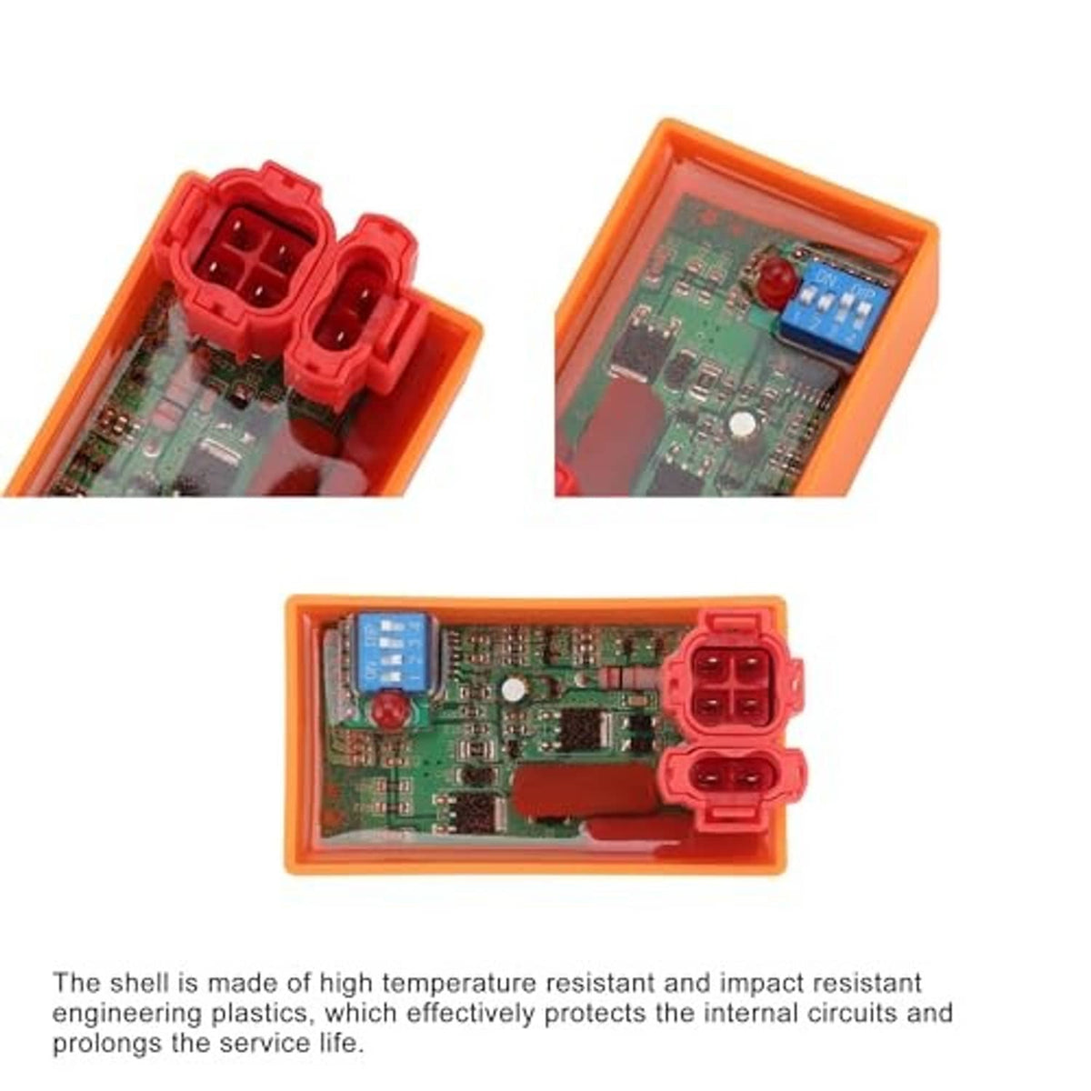 Orange CDI box close-up with red connectors and green PCB, blue component visible.