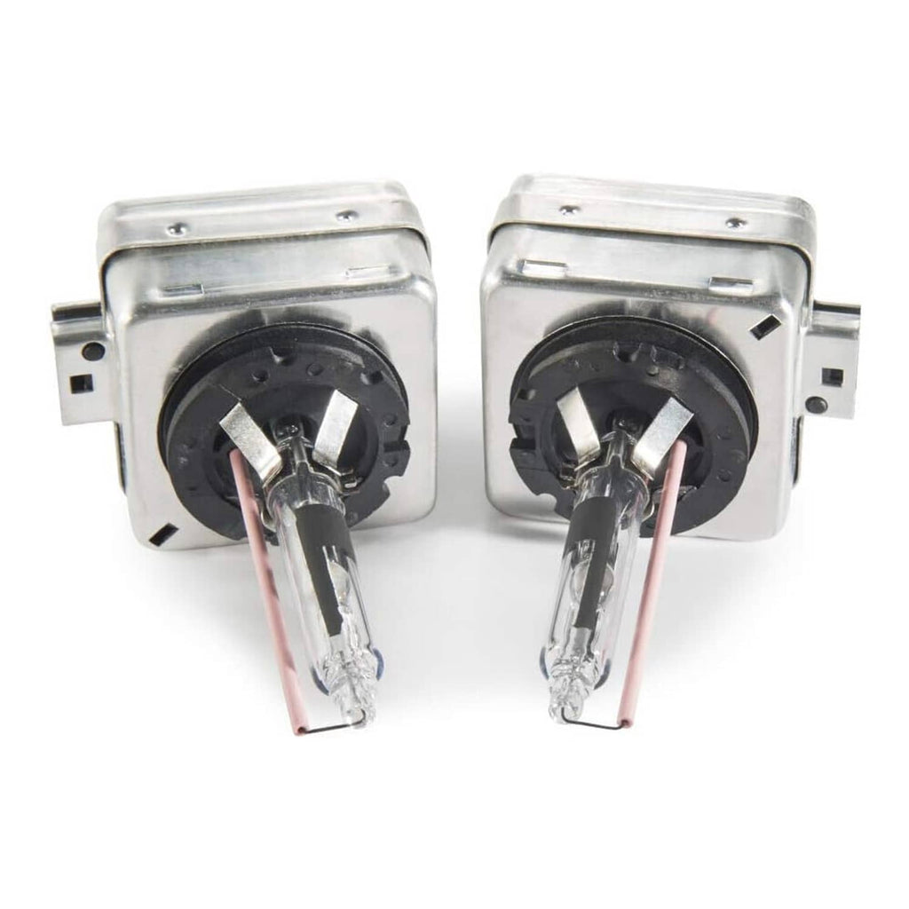 Two HID xenon headlight bulb bases with black sockets and clear glass lamp bulbs