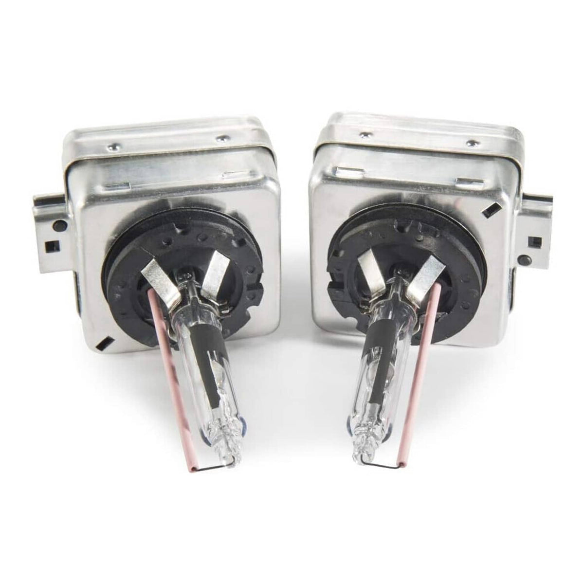 Two HID xenon headlight bulb bases with black sockets and clear glass lamp bulbs