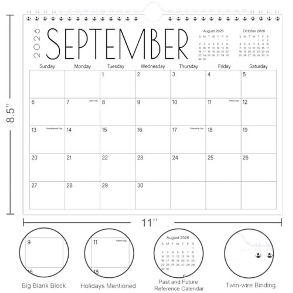 Wall calendar with spiral binding, September 2026 grid and small month reference