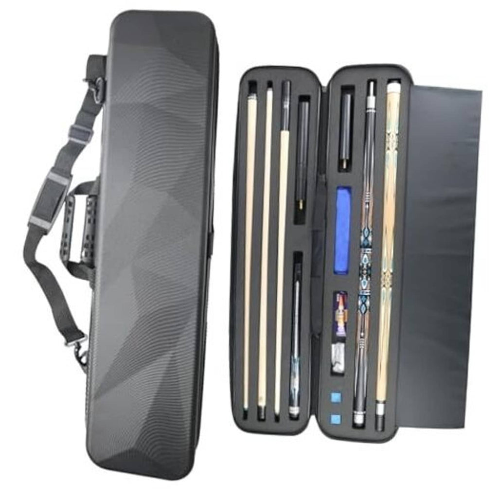Black hard pool cue case with shoulder strap, open interior showing cue storage slots.