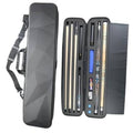 Black hard pool cue case with shoulder strap, open interior showing cue storage slots.
