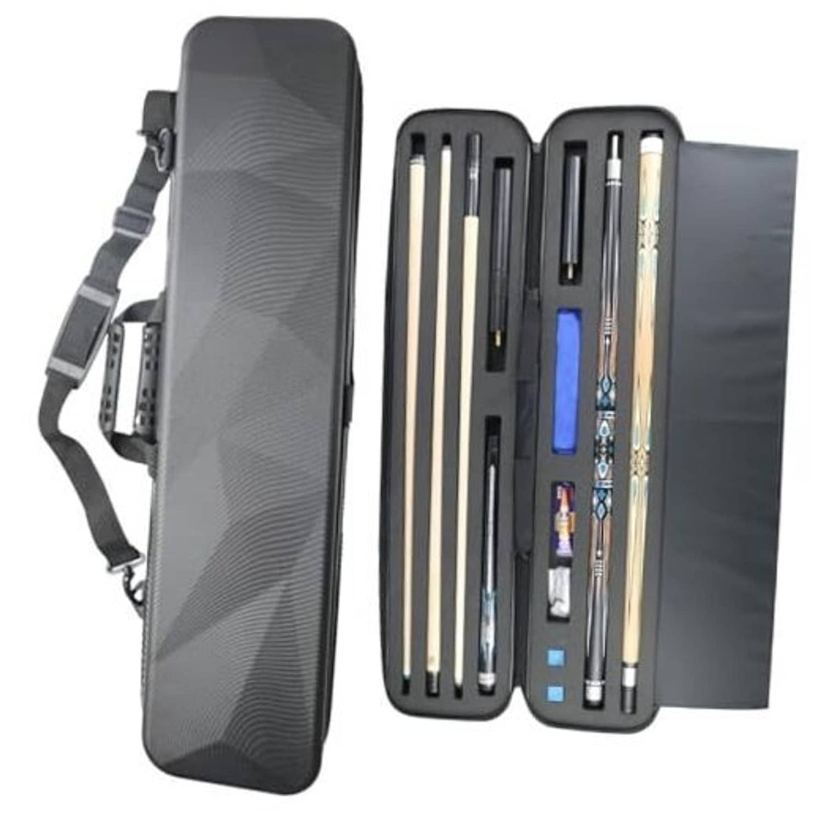 Black hard pool cue case with shoulder strap, open interior showing cue storage slots.