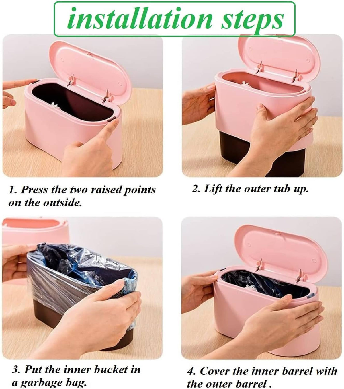 Pink mini trash can with lid open, showing inner bucket installation steps