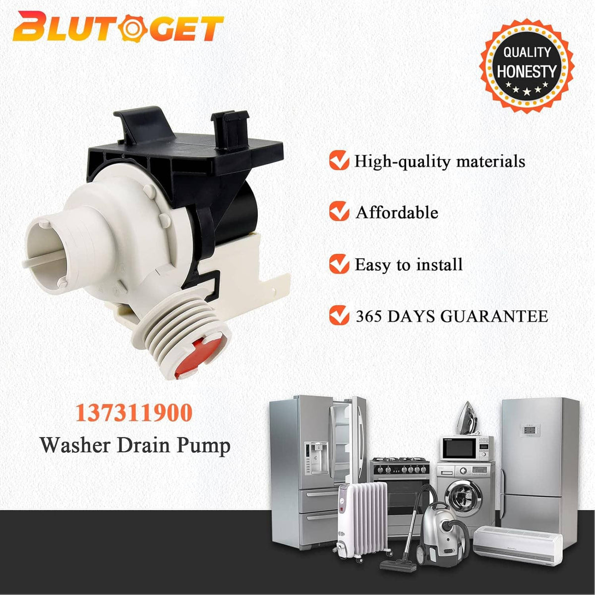 Washer drain pump with black-and-white housing and red cap, shown with icon badges