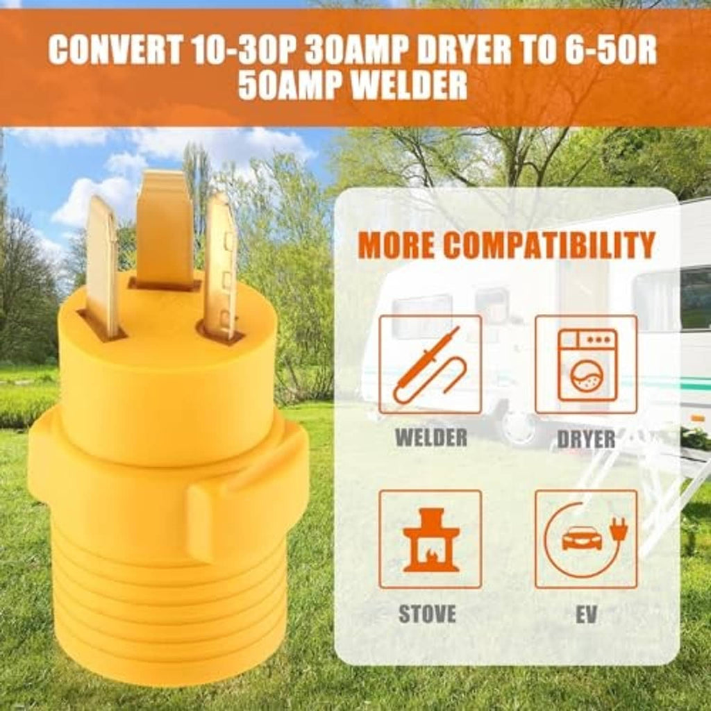 Yellow dryer-to-welder adapter with two-prong plug and female outlet ports