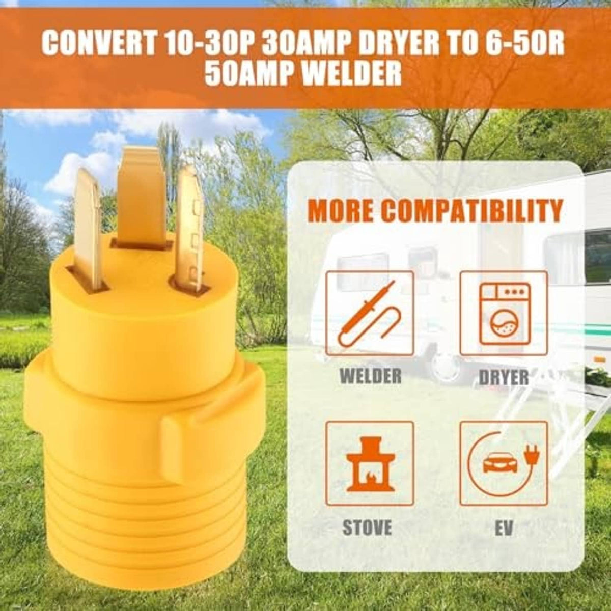 Yellow dryer-to-welder adapter with two-prong plug and female outlet ports