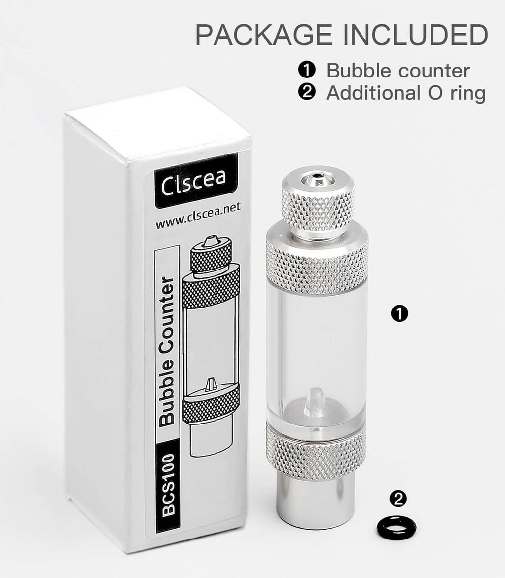 CO2 bubble counter kit with silver cylinder, bubble chamber, and extra black O-ring