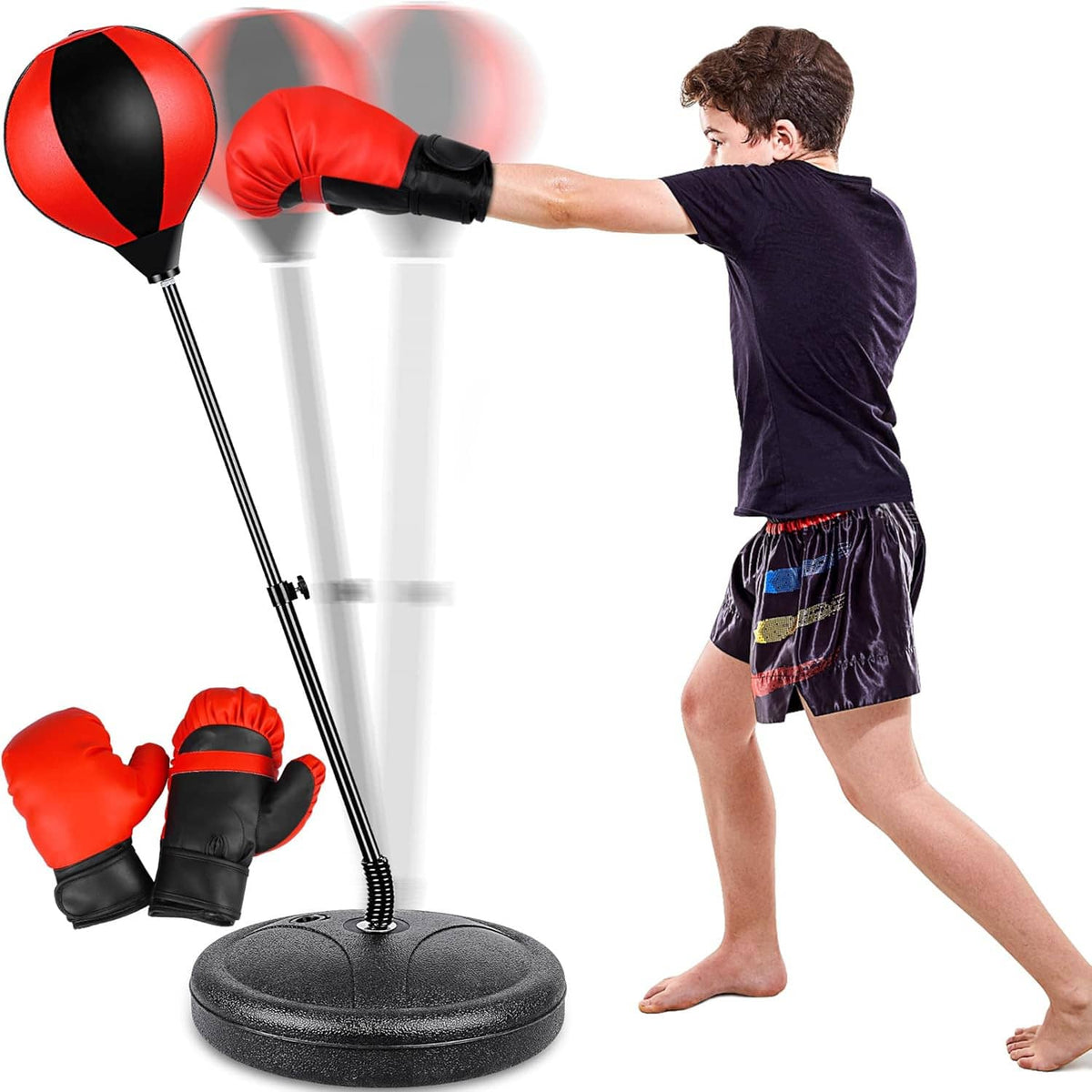Full kit view: red/black punching ball, spring stand base, and boxing gloves for kids