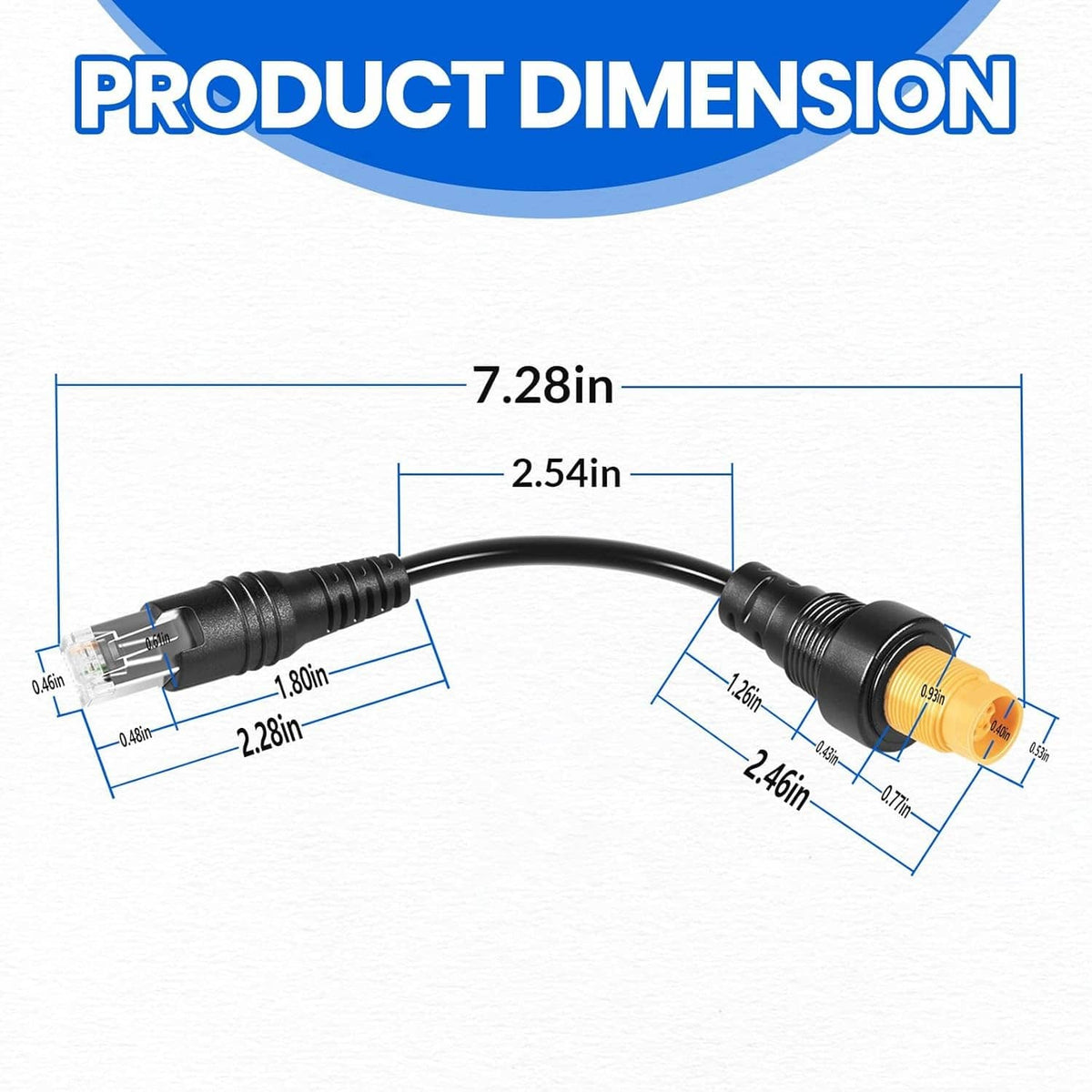 RJ45 to 5-pin Ethernet adapter cable dimension view with yellow 5-pin connector