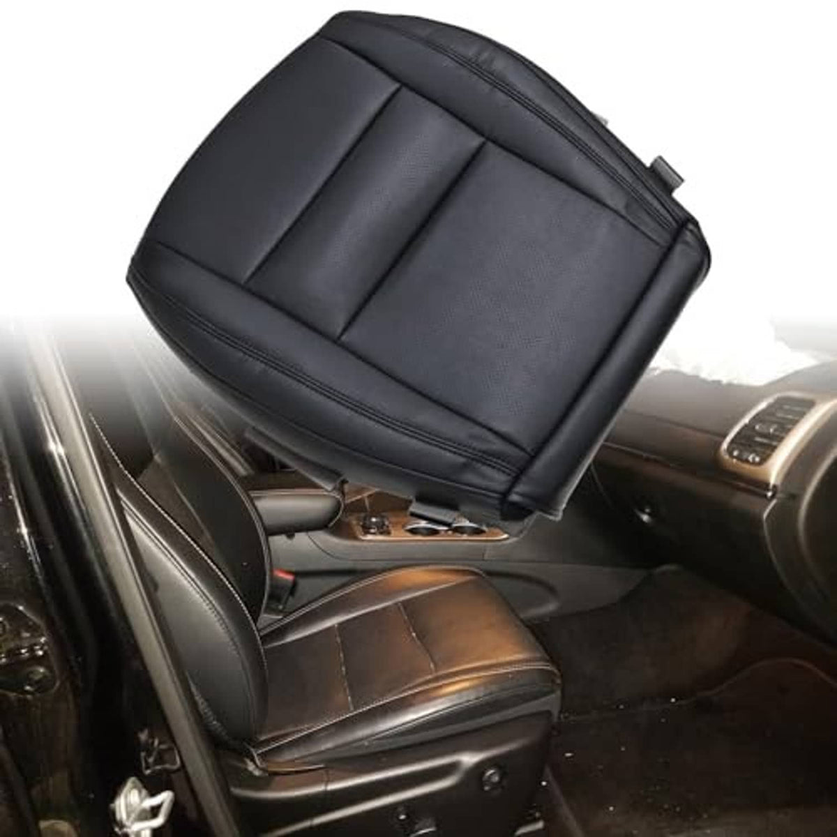 Black front driver seat cover installed, with headrest and stitched panel design
