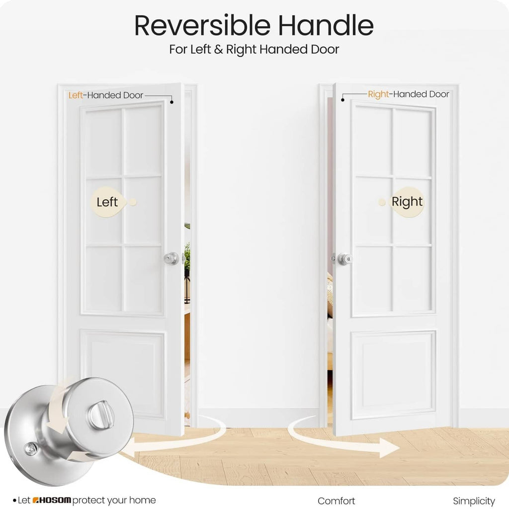 Reversible satin nickel keyed door knob lock for left- and right-handed doors