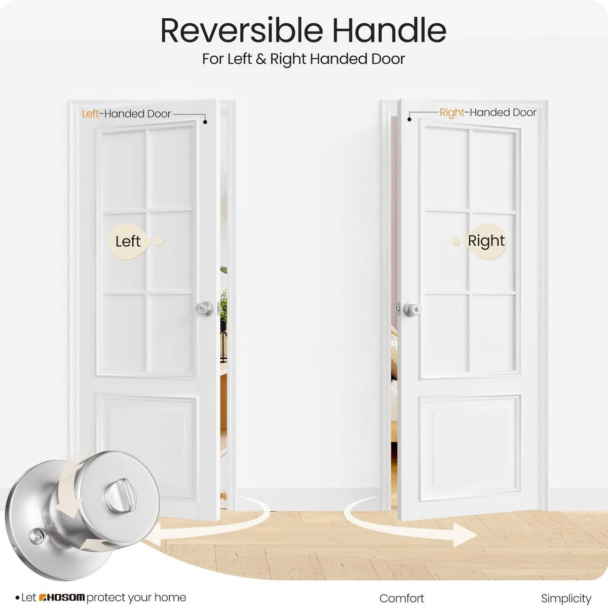 Reversible satin nickel keyed door knob lock for left- and right-handed doors