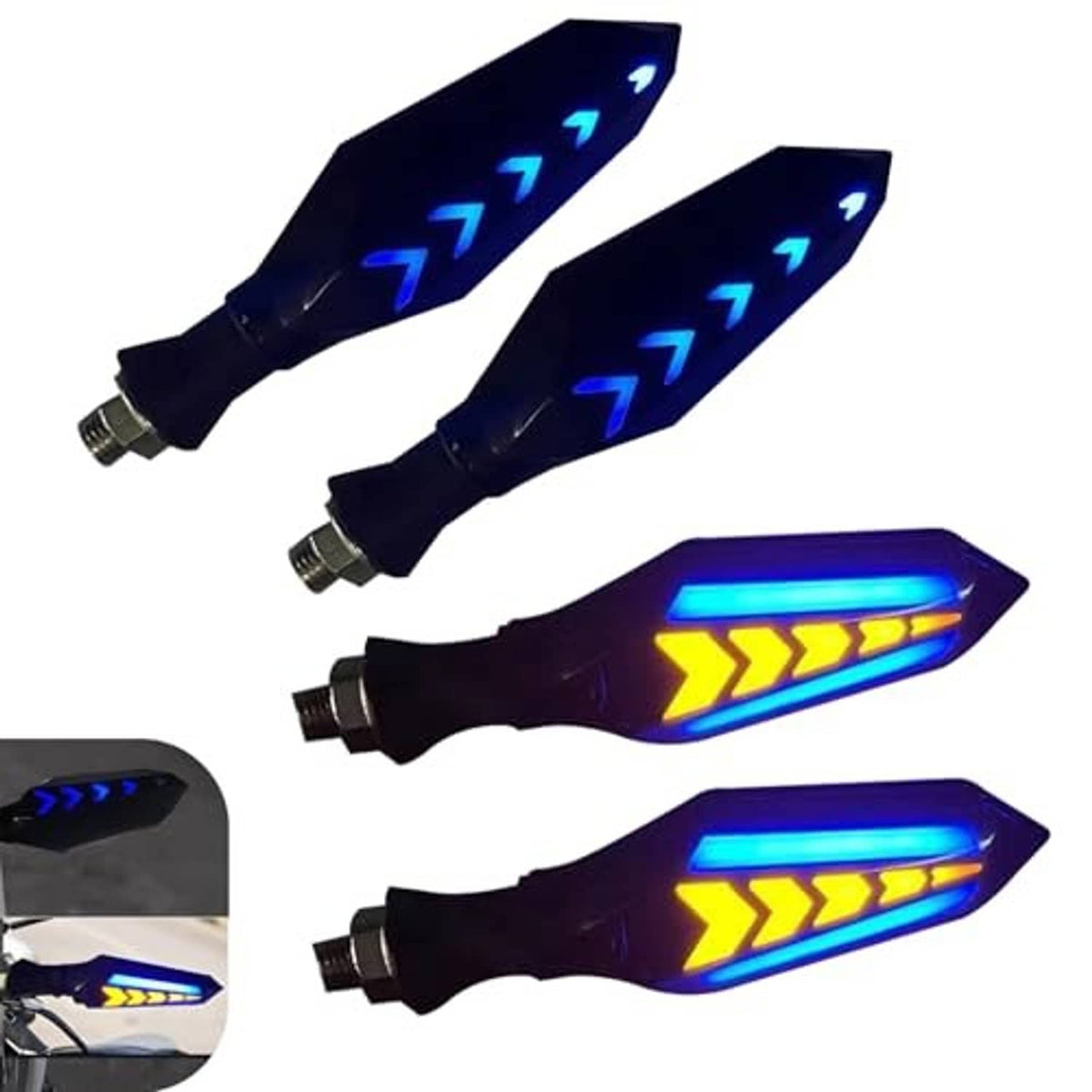 Motorcycle LED turn indicators with black arrow housings and flowing blue/yellow arrow lighting