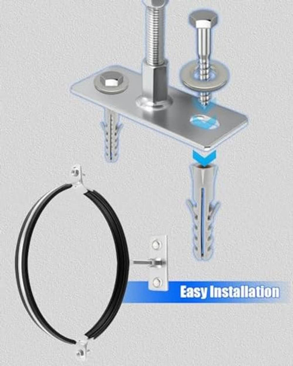 Split-ring pipe hanger bracket with screws and base plate for easy wall mounting