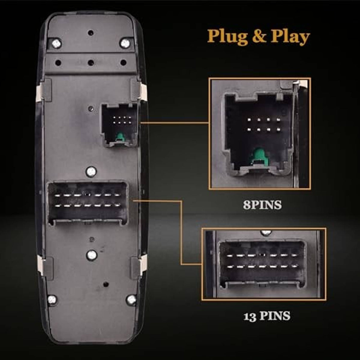 Power window switch rear view showing connector pin areas for 8 and 13 pins