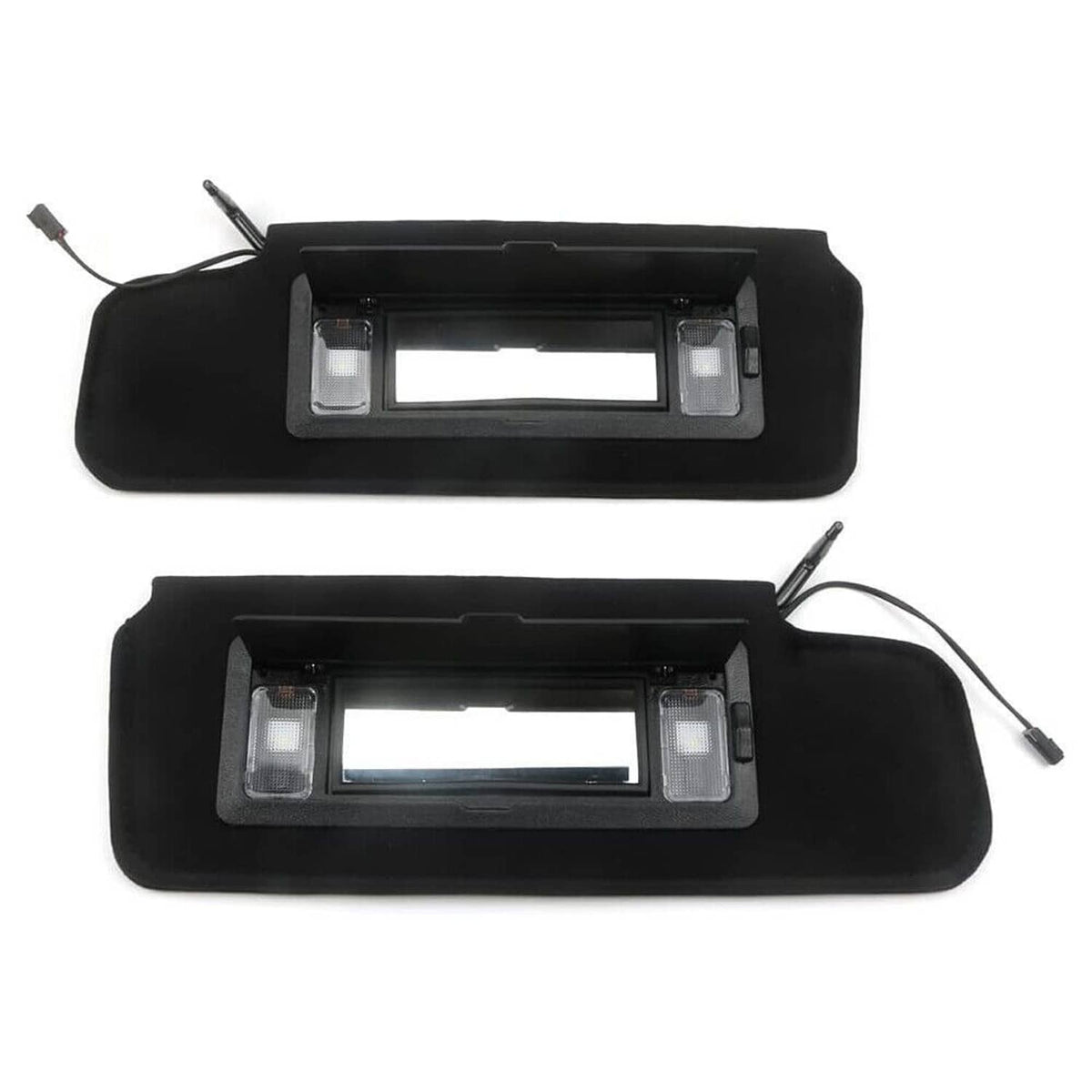 Pair black sun visors with vanity mirror window and LED lights installed