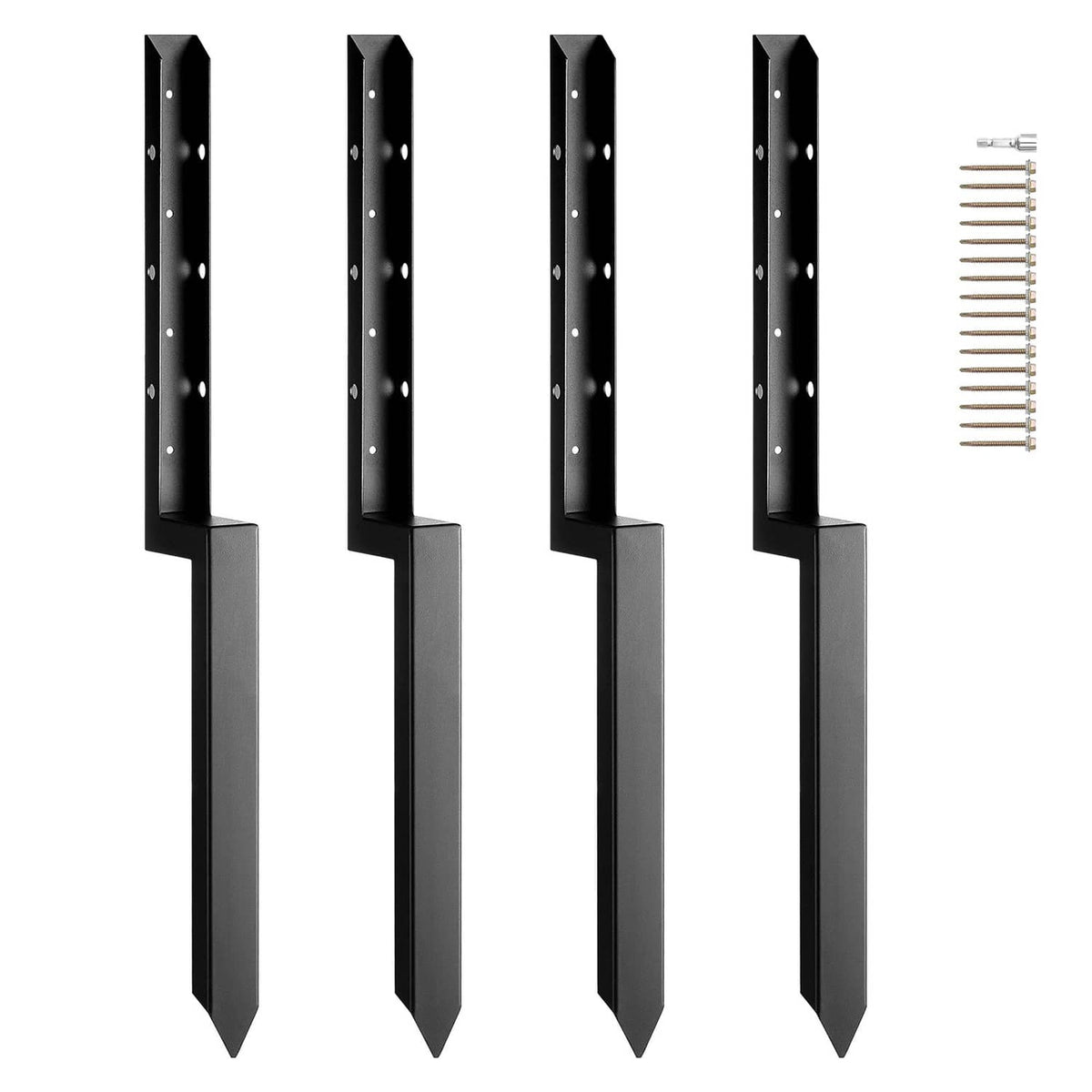 Four-pack black steel fence post anchor repair support stakes with holes