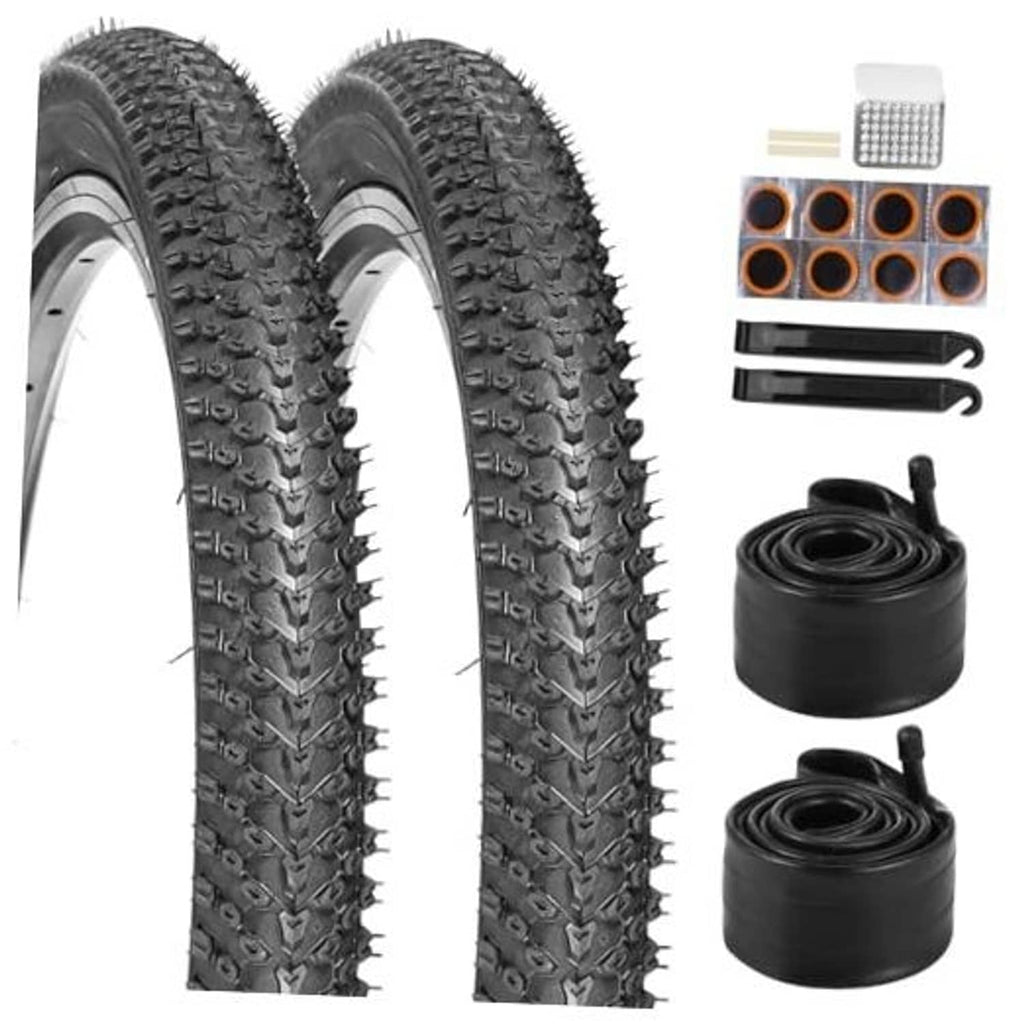 Bicycle tire and tube set with two black tires, two inner tubes, and accessories
