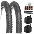 Bicycle tire and tube set with two black tires, two inner tubes, and accessories