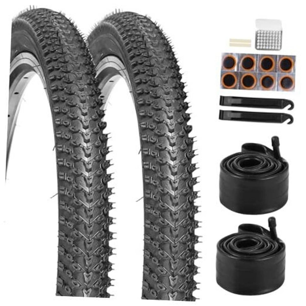 Bicycle tire and tube set with two black tires, two inner tubes, and accessories