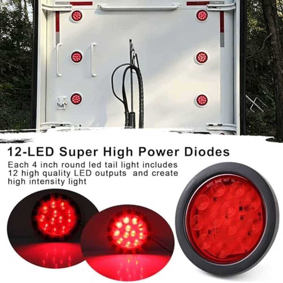 Set of round red LED trailer tail lights with black bezels mounted on a trailer door