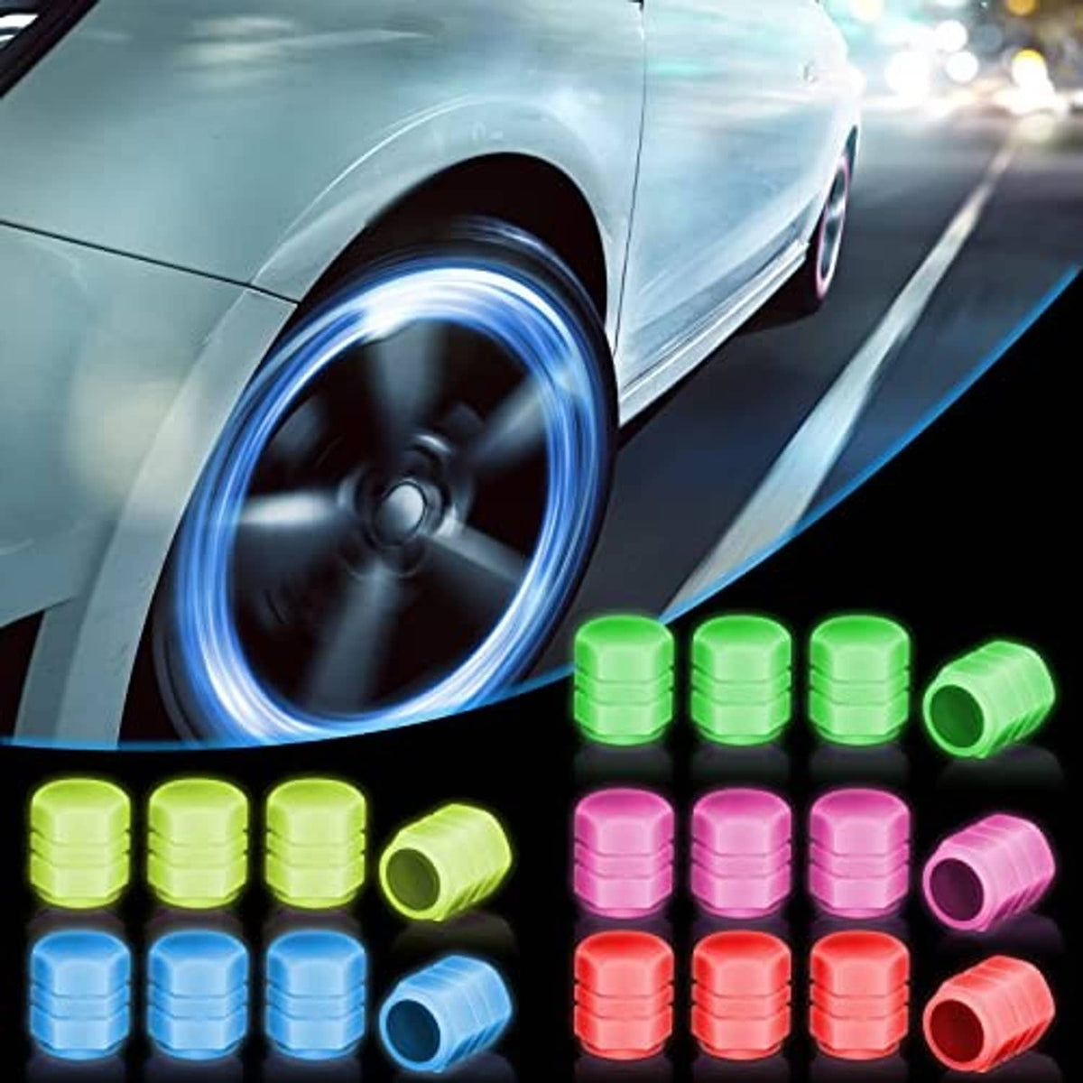 Glow-in-the-dark tire valve caps set in green, pink, blue, and red shown near car wheel