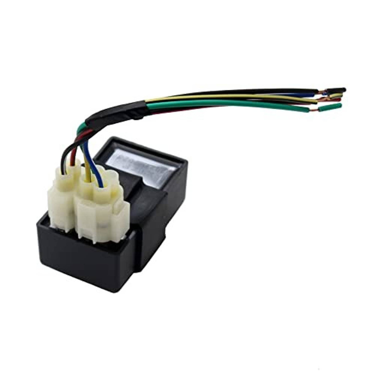 Black CDI box with white 6-pin connector and prewired multi-color cable harness