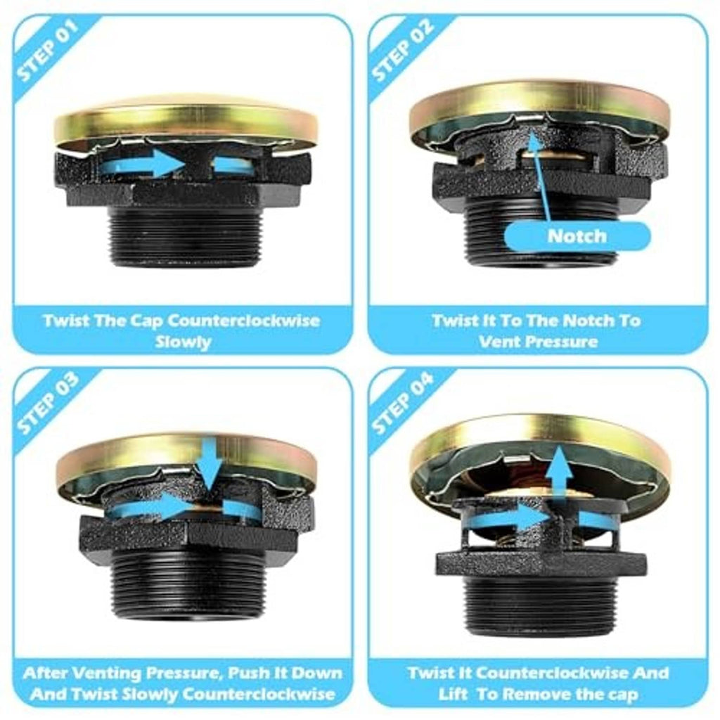 Diagram of vented fuel cap steps: twist to notch, press down, and lift to remove