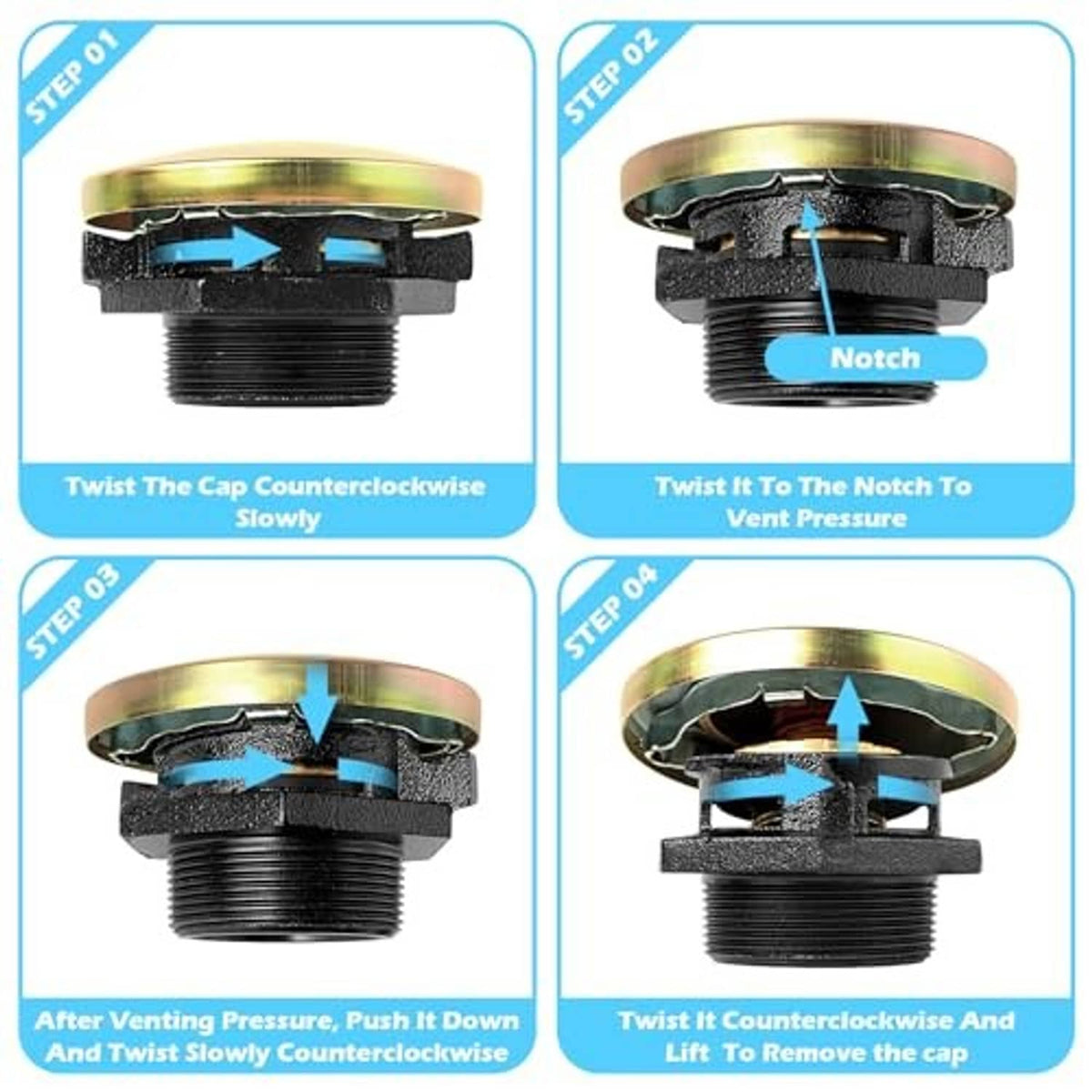 Diagram of vented fuel cap steps: twist to notch, press down, and lift to remove