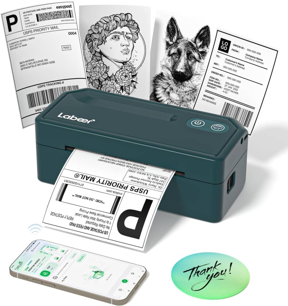 Green thermal shipping label printer with front display and 4x6 label coming out