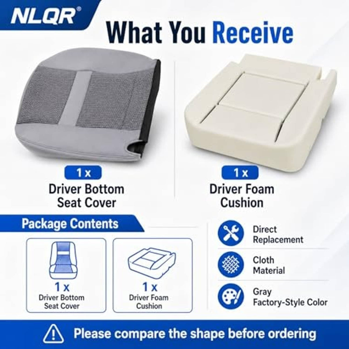 Gray cloth driver bottom seat cover and cream foam cushion, package contents view