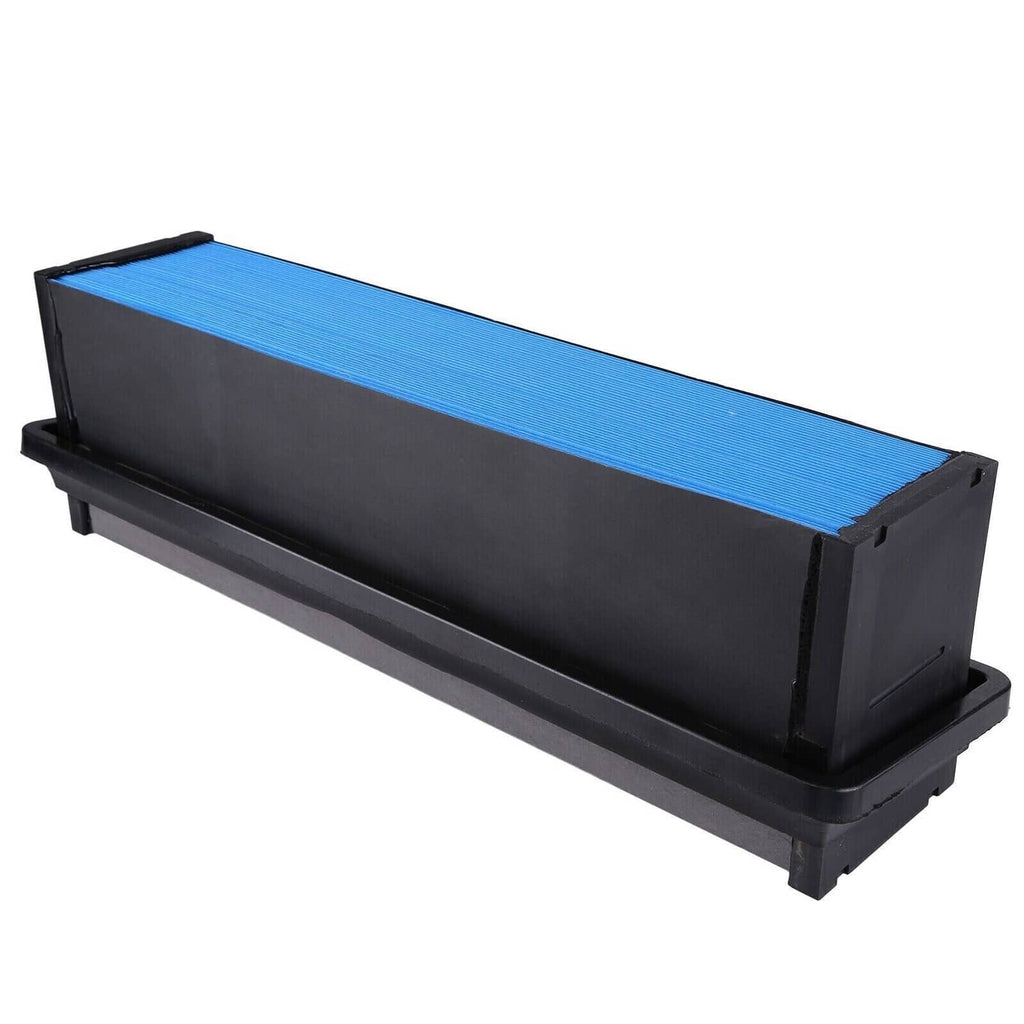 Engine air filter long side view with black housing and blue pleated media