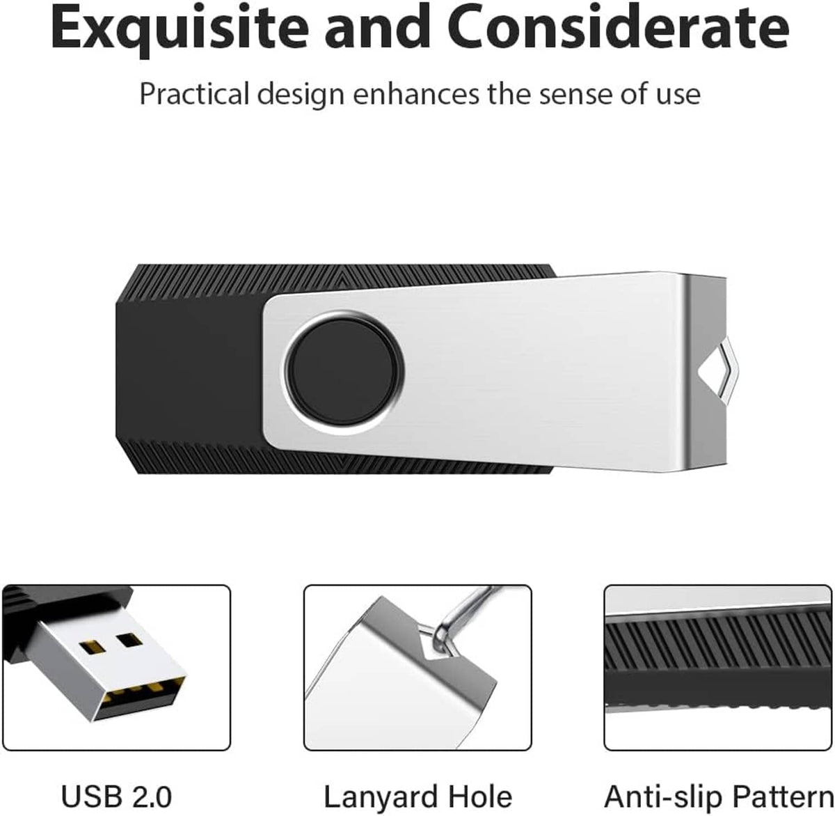 USB flash drive with black grip and silver casing, circular LED indicator