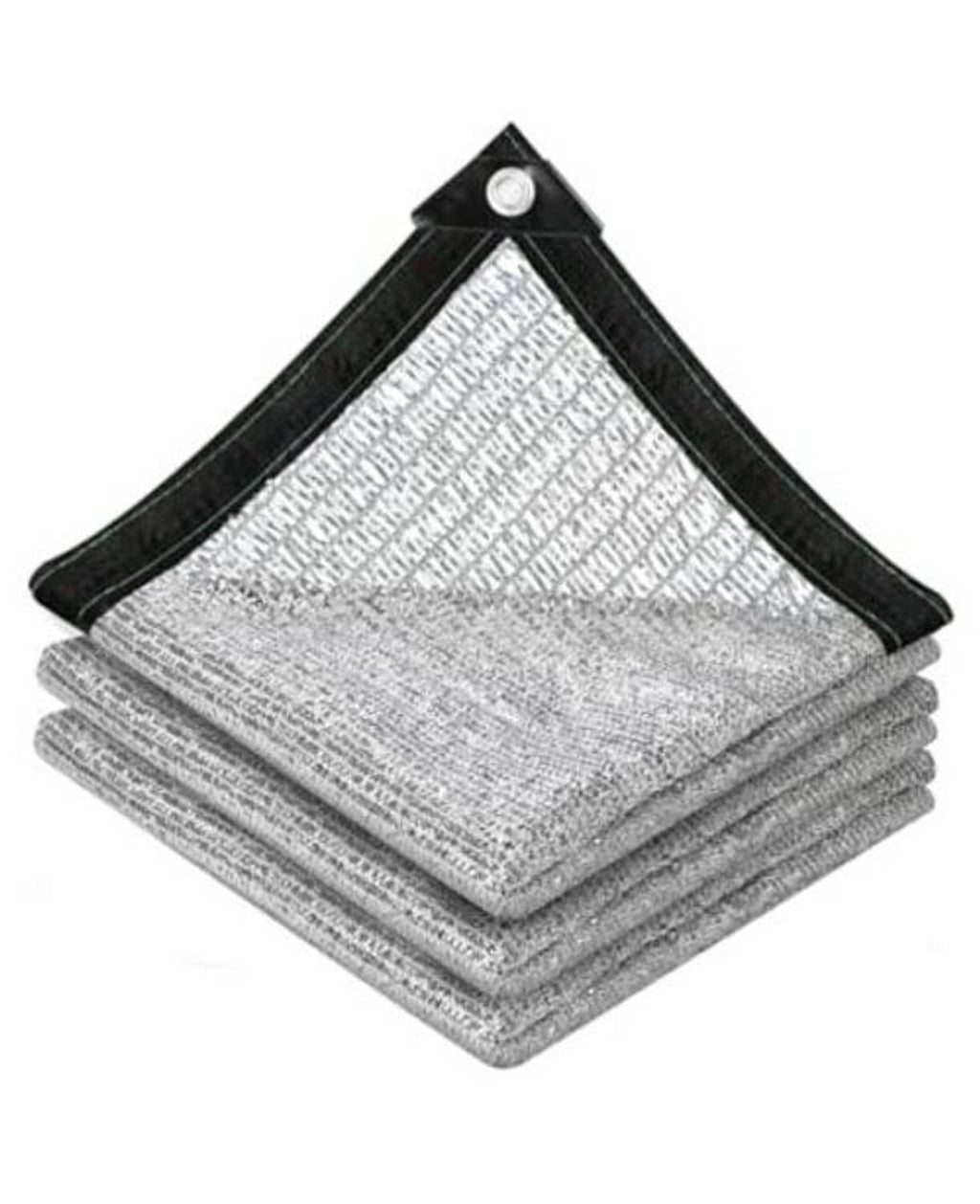 Reflective shade cloth stack, silver aluminum mesh with black reinforced edges and grommet corners