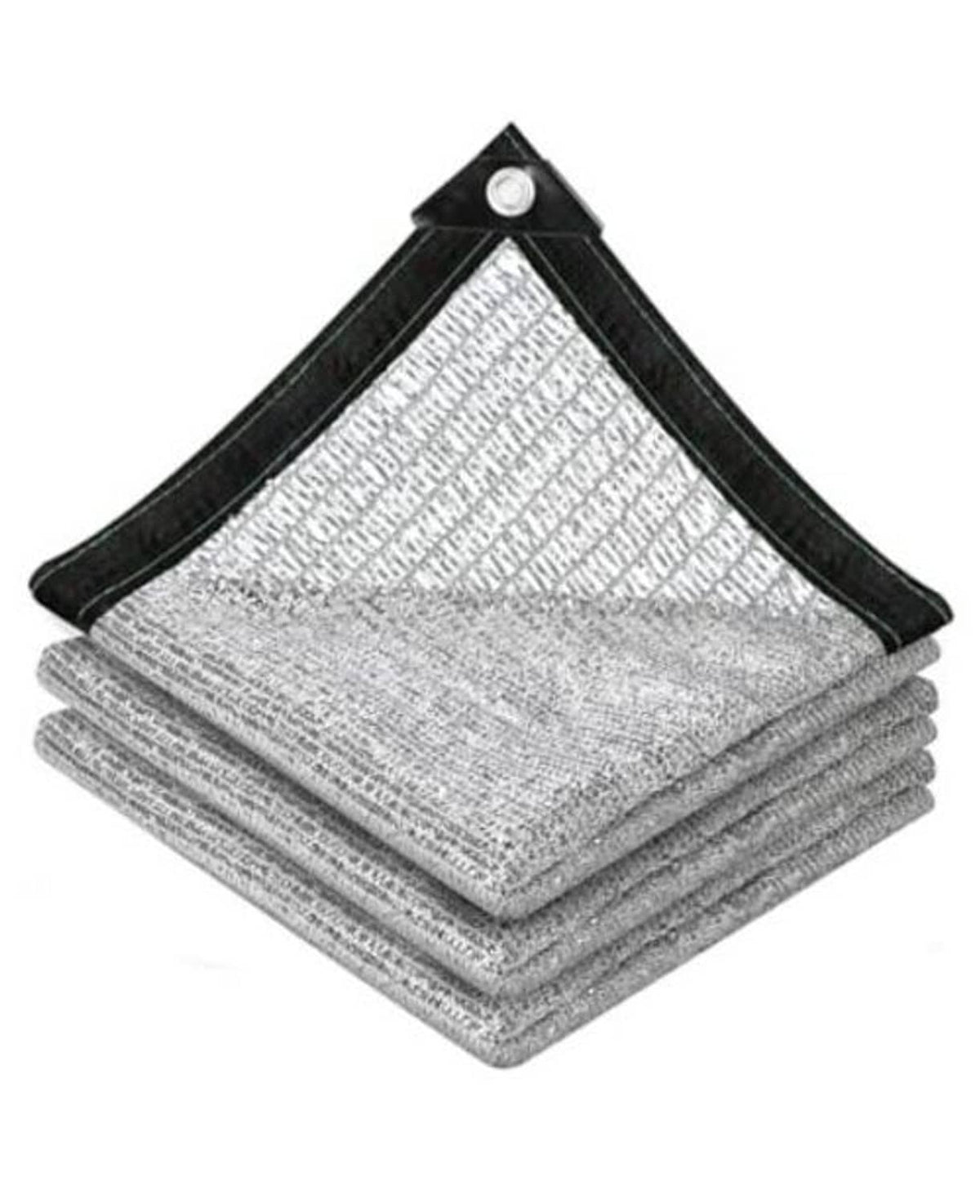 Reflective shade cloth stack, silver aluminum mesh with black reinforced edges and grommet corners