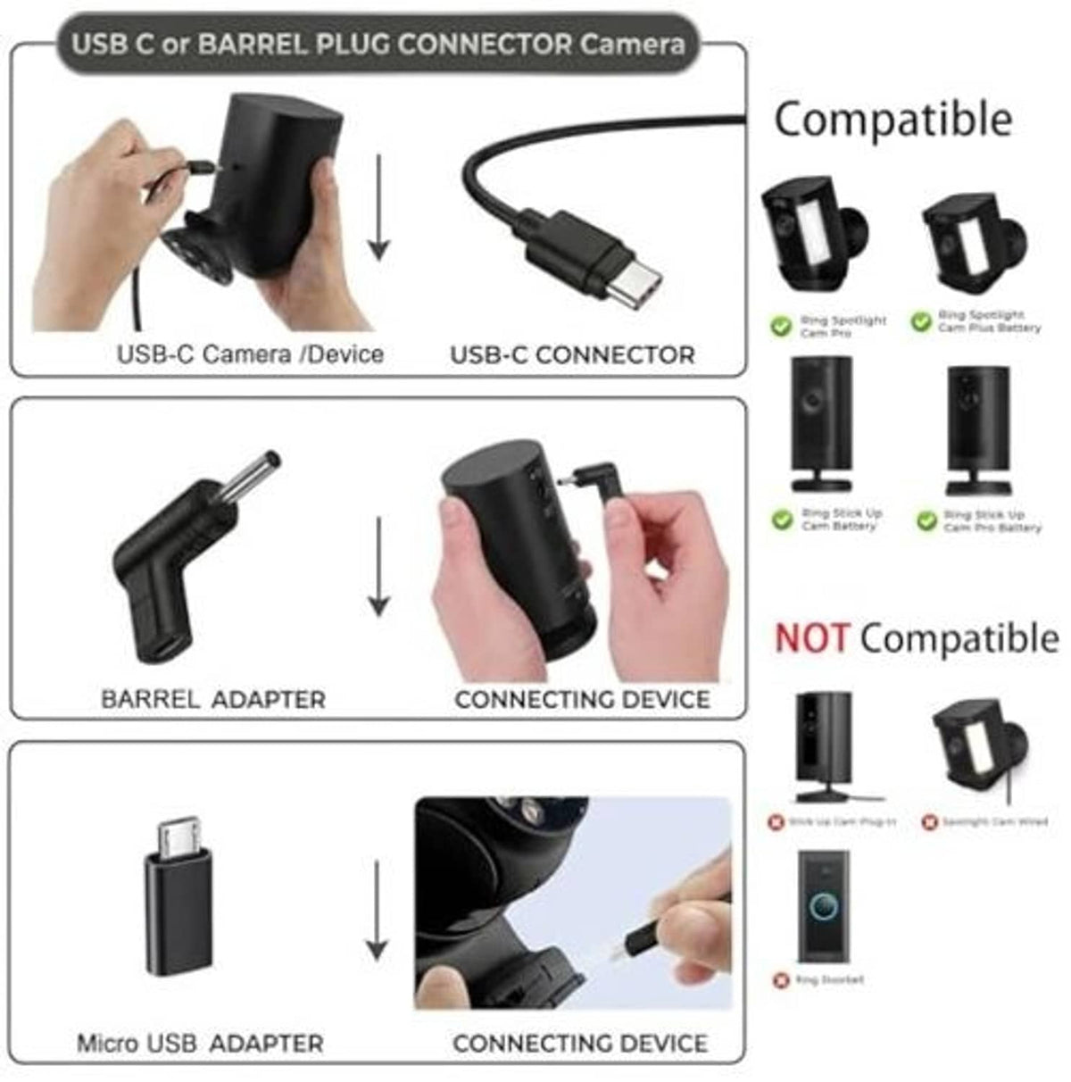 Solar power connector adapters with USB-C and barrel plug cables